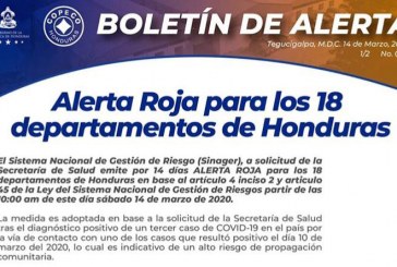 Emiten ALERTA ROJA por 14 días en toda Honduras para prevenir propagación del coronavirus