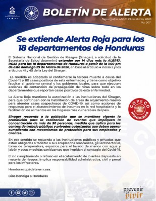Se extiende por 14 días más la Alerta Roja para los 18 departamentos de Honduras