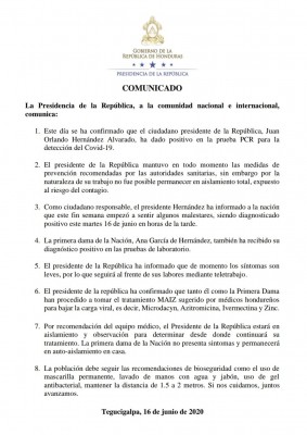 El presidente de Honduras, Juan Orlando Hernández y su esposa dan positivo al COVID-19