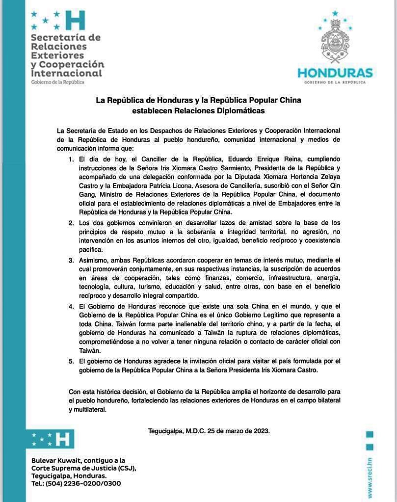 Honduras y China establecen relaciones diplomáticas 
