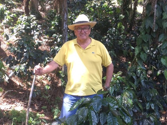 Arnaldo Martínez visitando su finquita de café