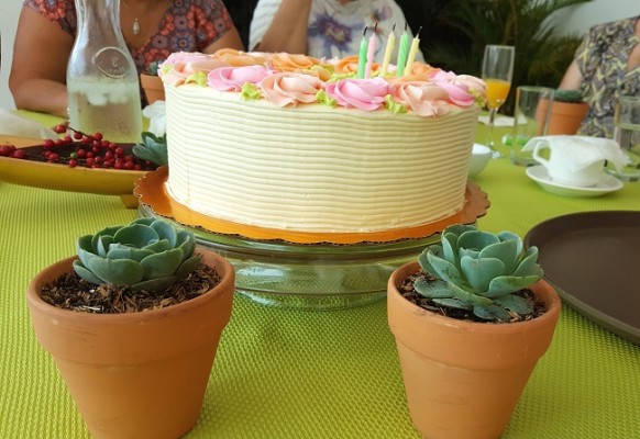 Un delicado detalle de la reunión: las preciosas maceteras de recuerdo y el sabroso pastel de Cake Design