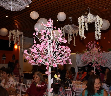 Acentuando la temática del inolvidable festejo preboda, ramificaciones que realzaron florecillas en delicado rosa, armonizaron entre burbujas de cristal y pajarillos, transladando los sentidos de todas a un hermoso jardín parisino en plena primavera.