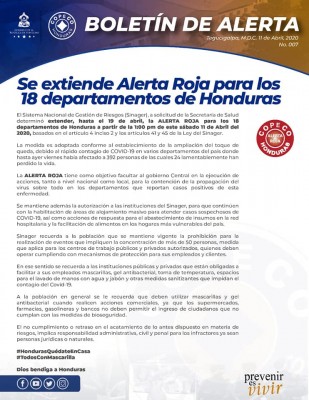 Sinager extiende Alerta Roja en toda Honduras hasta el 19 de abril por COVID - 19