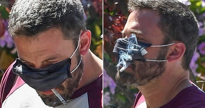 Imágenes de Ben Affleck de la singular forma de usar mascarilla sin dejar de fumar